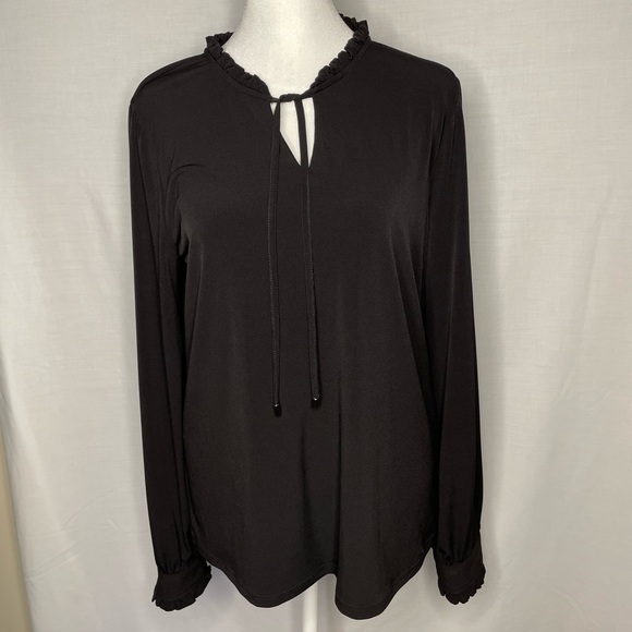 Black Blouse with Ruffles at Collar and Sleeves Calvin Klein Size Medium - Picture 1 of 6